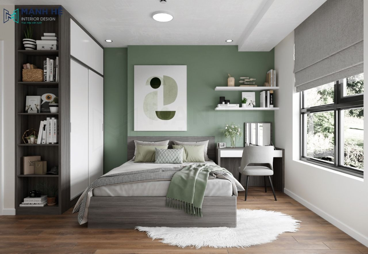 Tạo điểm nhấn bằng vách tường kèm tranh treo tường, chăn ga màu xanh lá cây cho phòng ngủ nữ