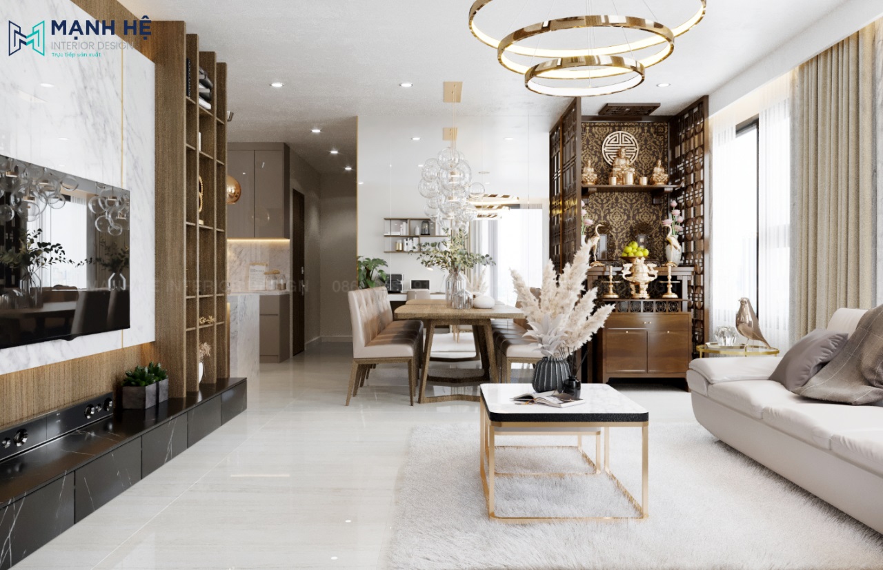 Thiết kế nội thất phòng khách có phòng thờ