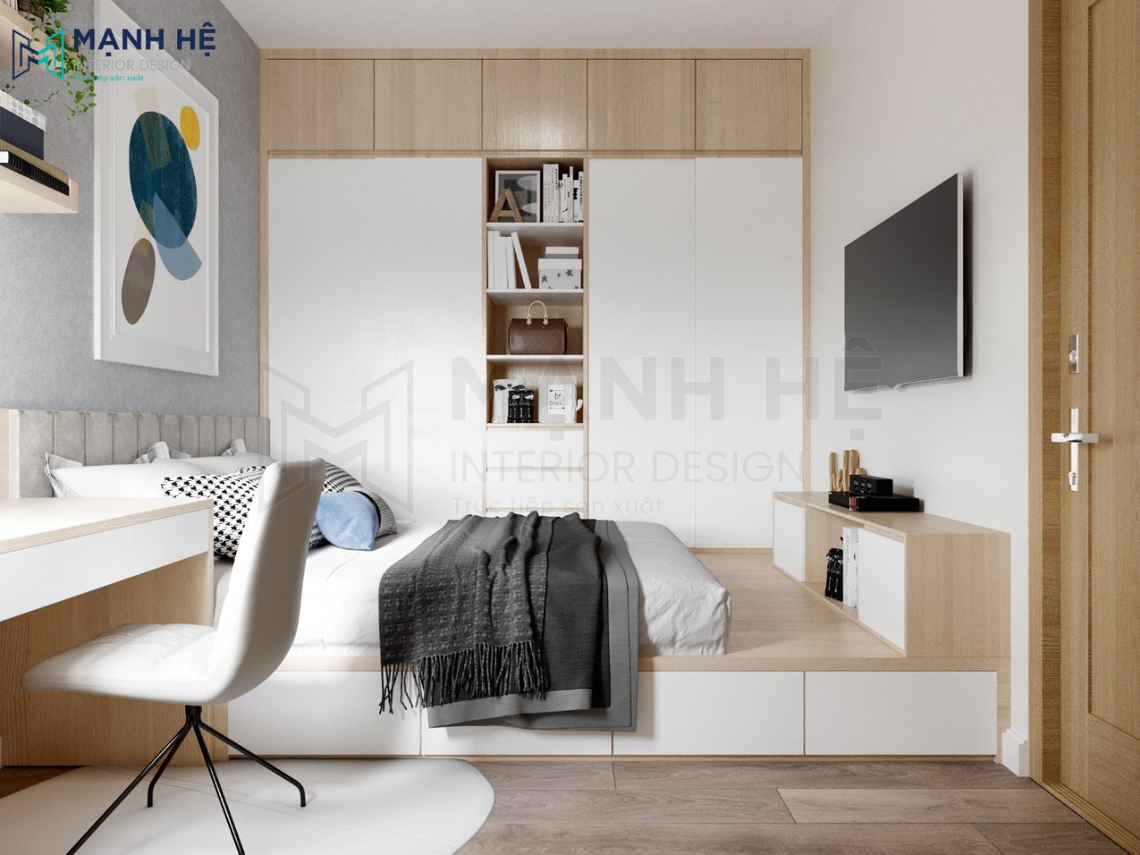 Tích hợp tủ quần áo đụng trần, âm tường và kệ tủ sách vào giường ngủ dạng bục tối ưu diện tích, bố trí bàn học ngay cạnh giường tiện nghi