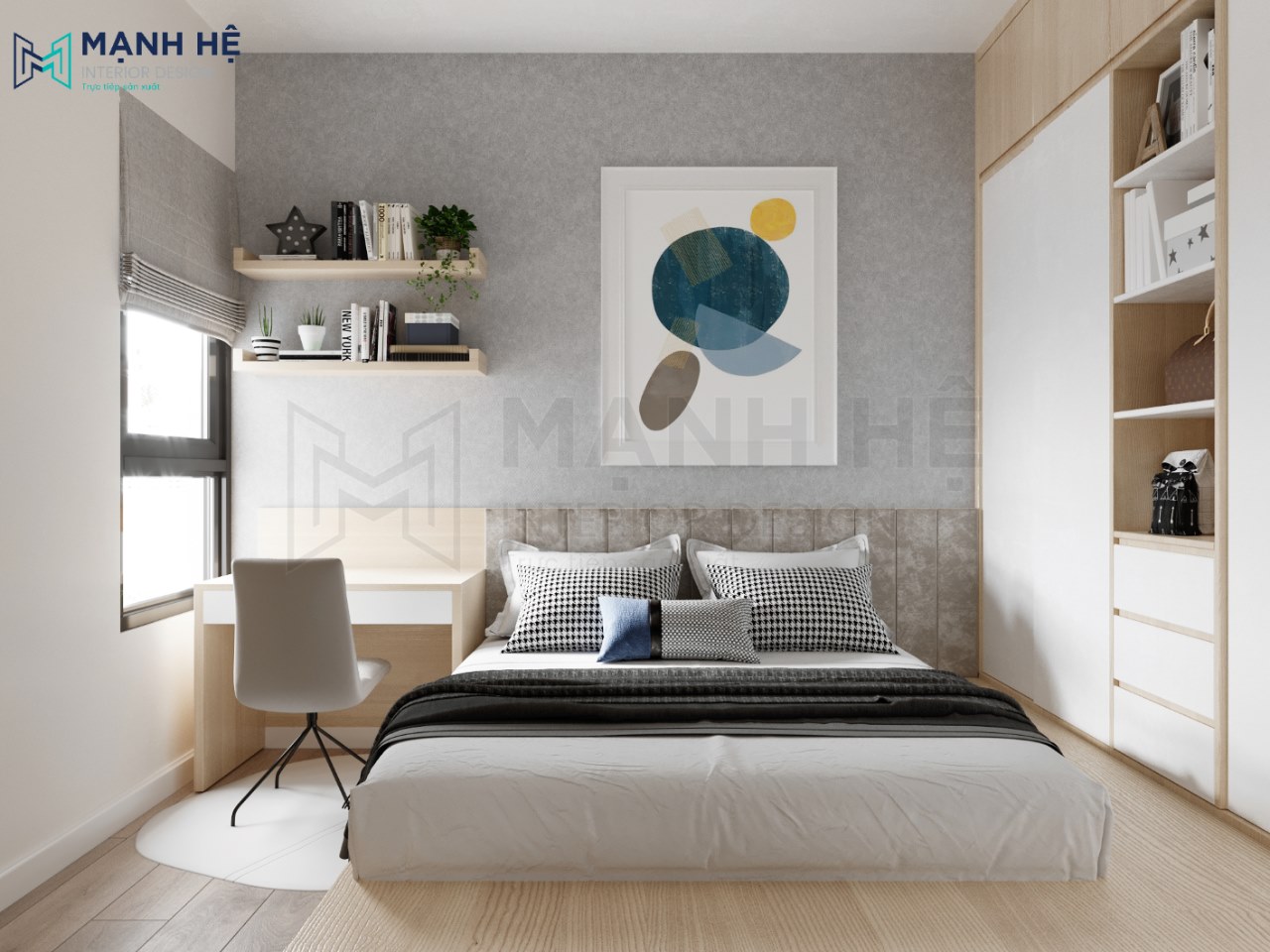 Không gian căn phòng ngủ cho bé trai như mở rộng hơn khi thiết kế tông màu xám điểm nhấn sắc trắng từ nội thất, kết hợp thêm tranh treo trang trí sinh động