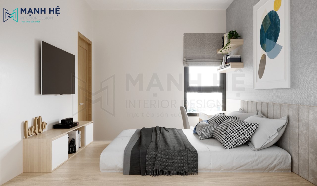 Thiết kế phòng ngủ tiện nghi, đơn giản với chất liệu gỗ công nghiệp bền đẹp