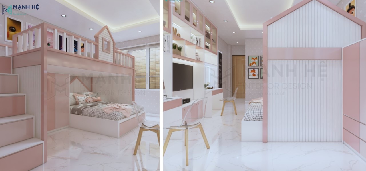 Giường tầng hình ngôi nhà dễ thương cho bé gái