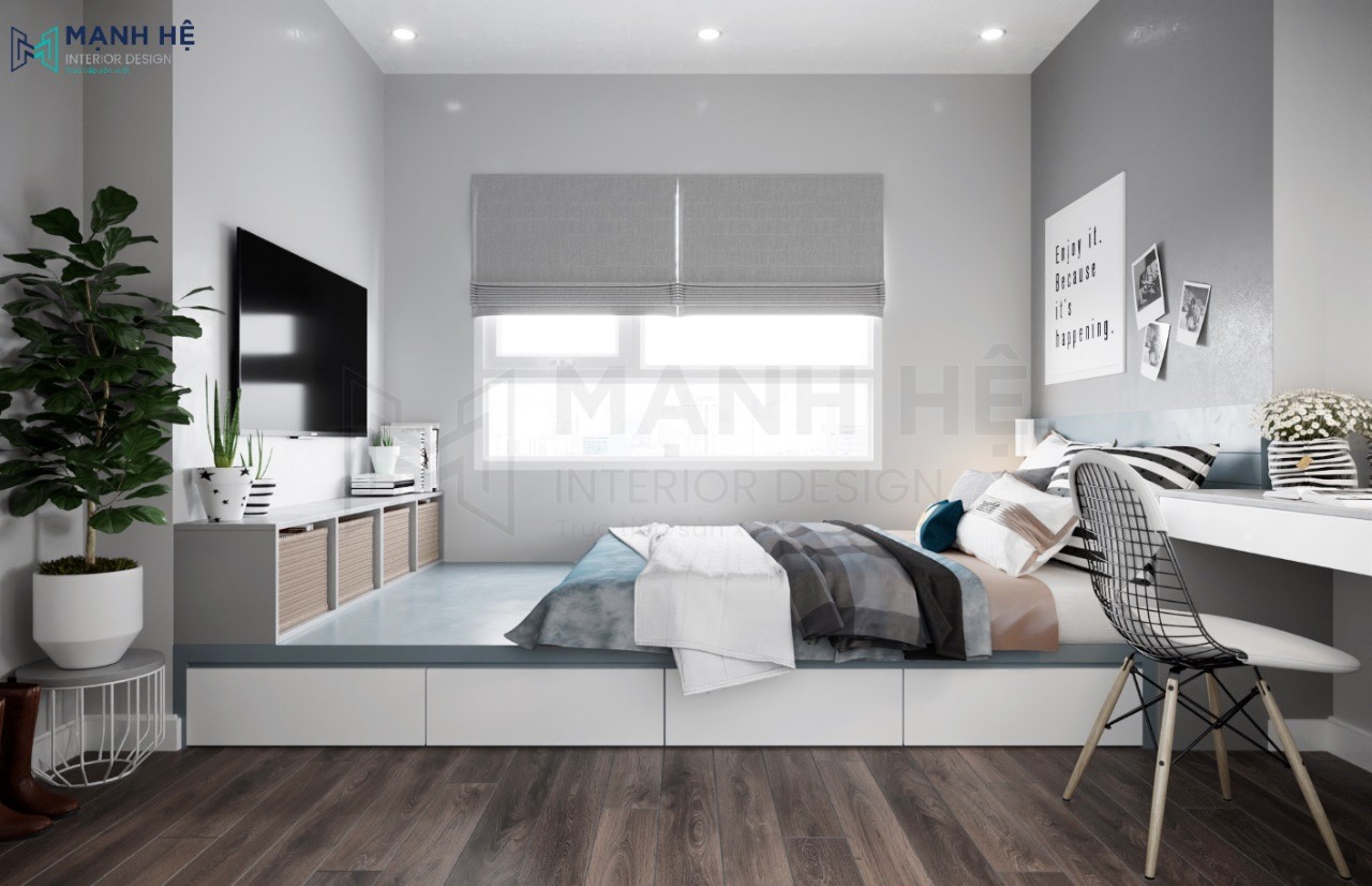 Thiết kế nội thất phòng ngủ master với giường bục đa năng