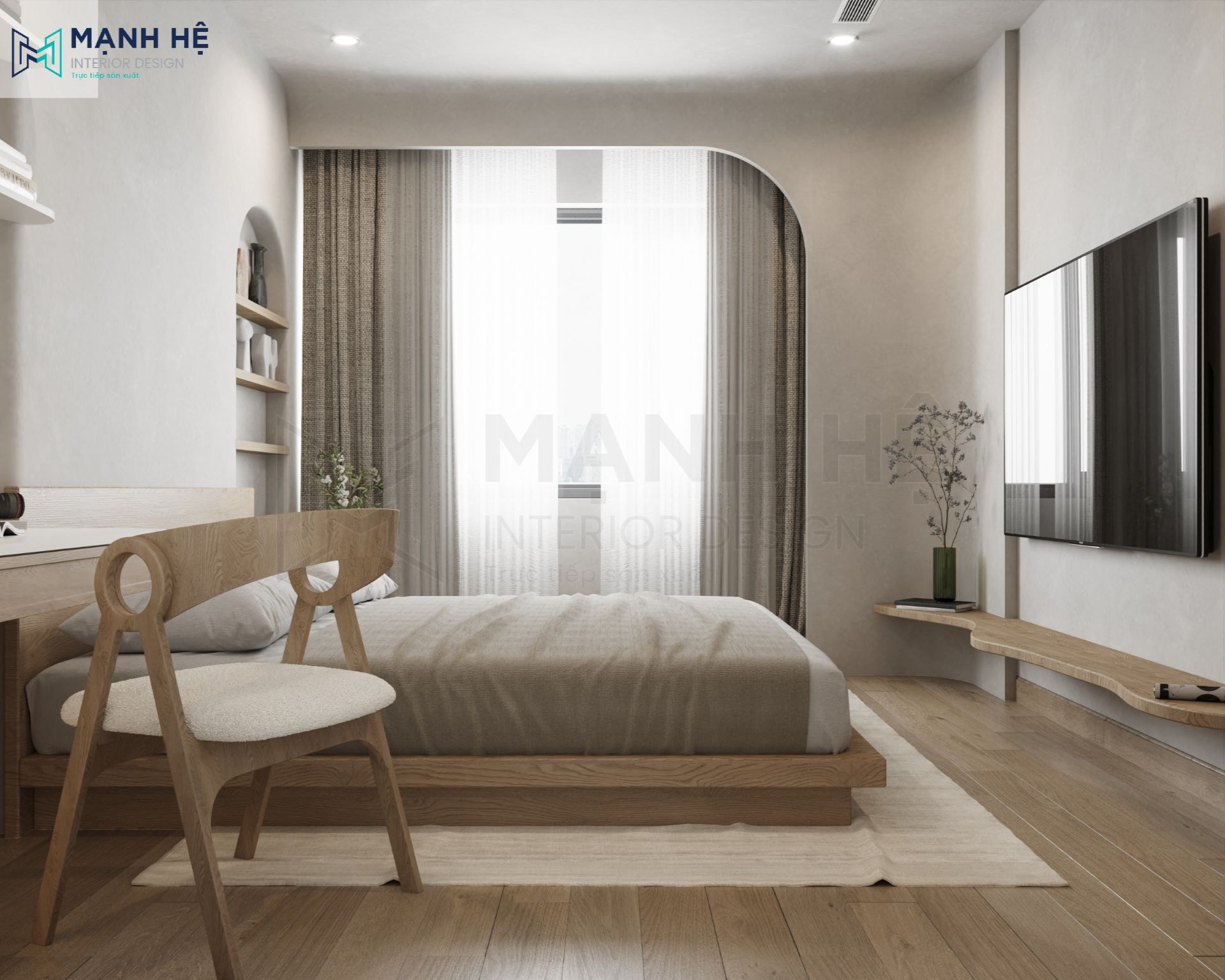 Rèm vải 2 lớp dày dặn ôm sát phần cửa sổ phòng ngủ