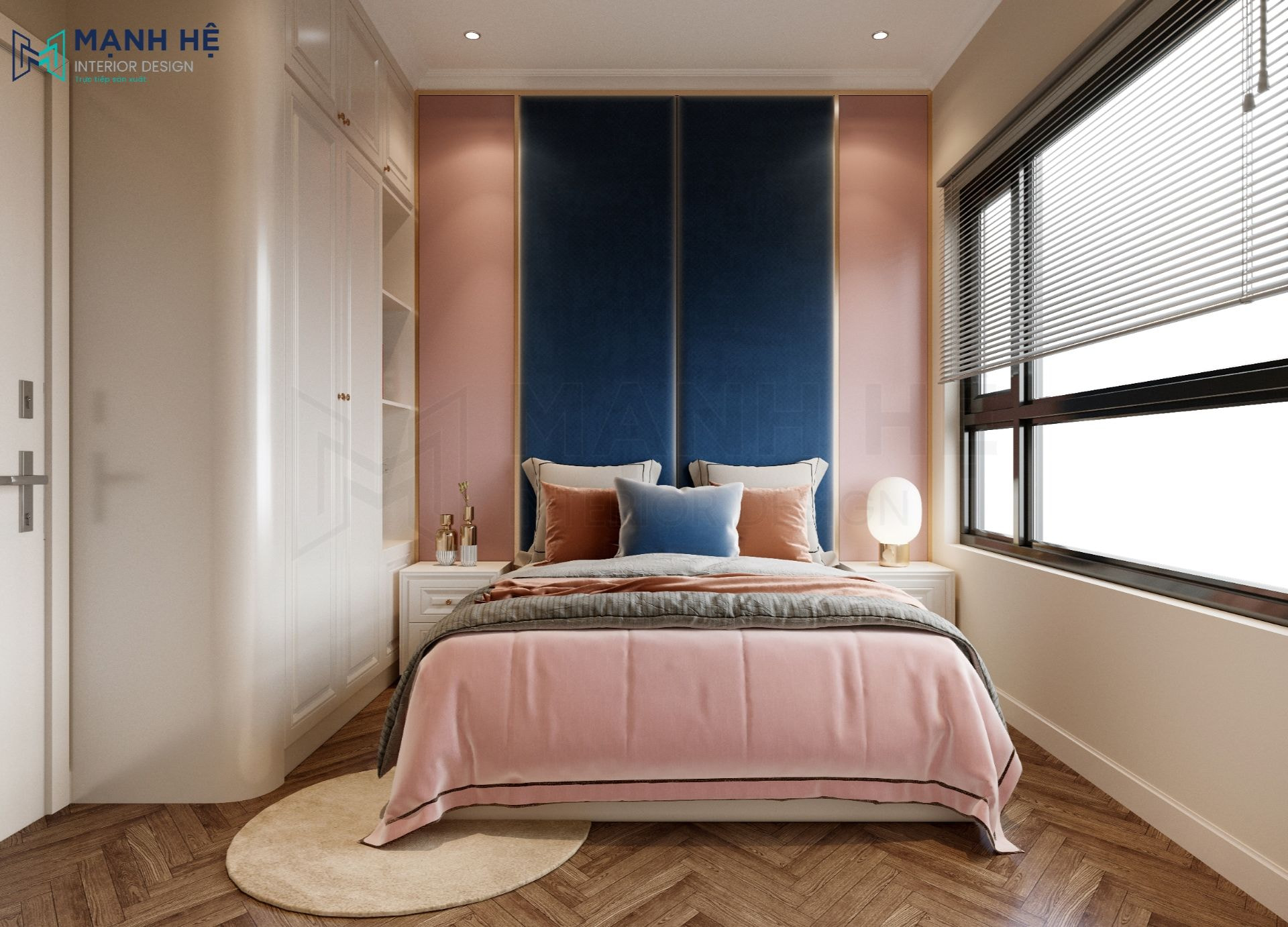 Phòng ngủ cho nữ sử dụng rèm sáo nhôm để tận dụng tối đa ánh sáng tự nhiên