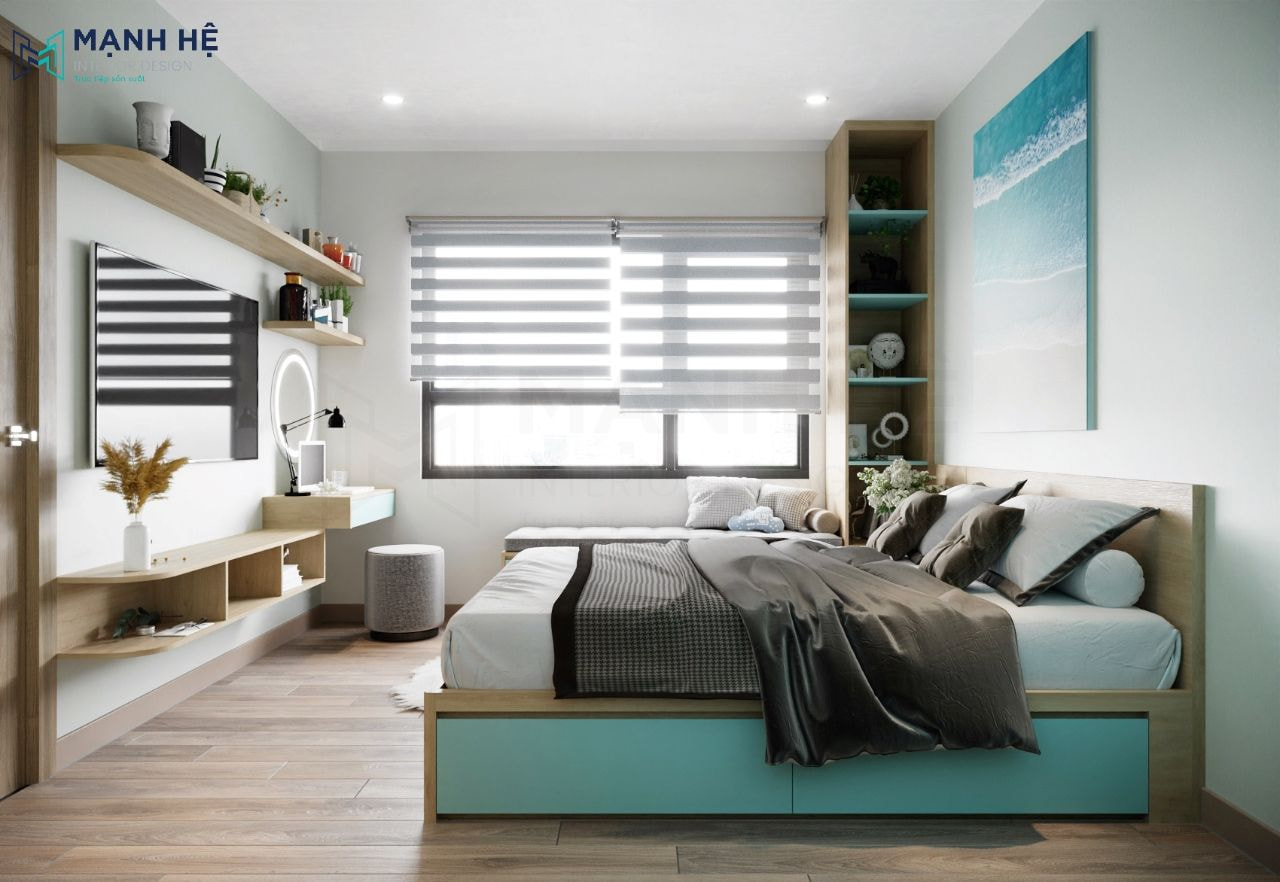 Xanh mint lạ mắt tạo cảm giác mát mẻ, nhẹ nhàng cho không gian phòng ngủ