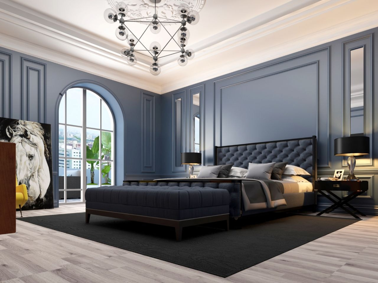 Phong cách tân cổ điển được ứng dụng cho phòng ngủ nữ màu xanh đậm