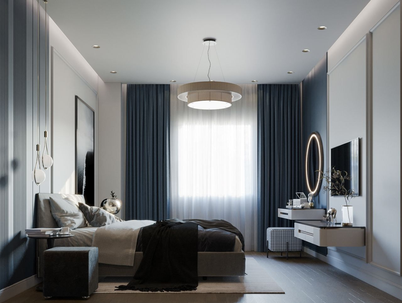 Phong cách hiện đại tiện cho phòng ngủ nữ màu xanh dương đậm