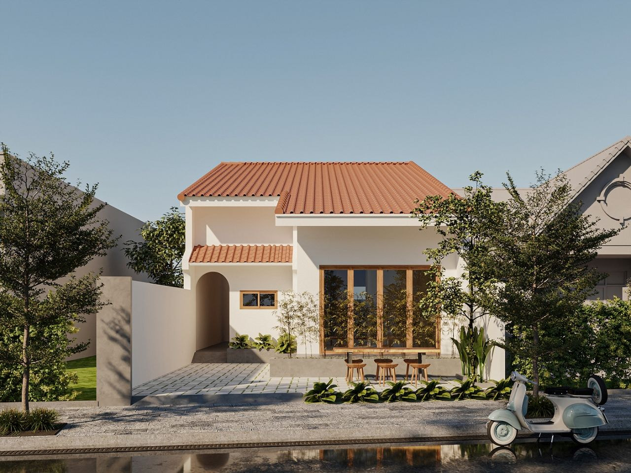 Nhà cấp 4 với mái ngói đỏ hiện đại