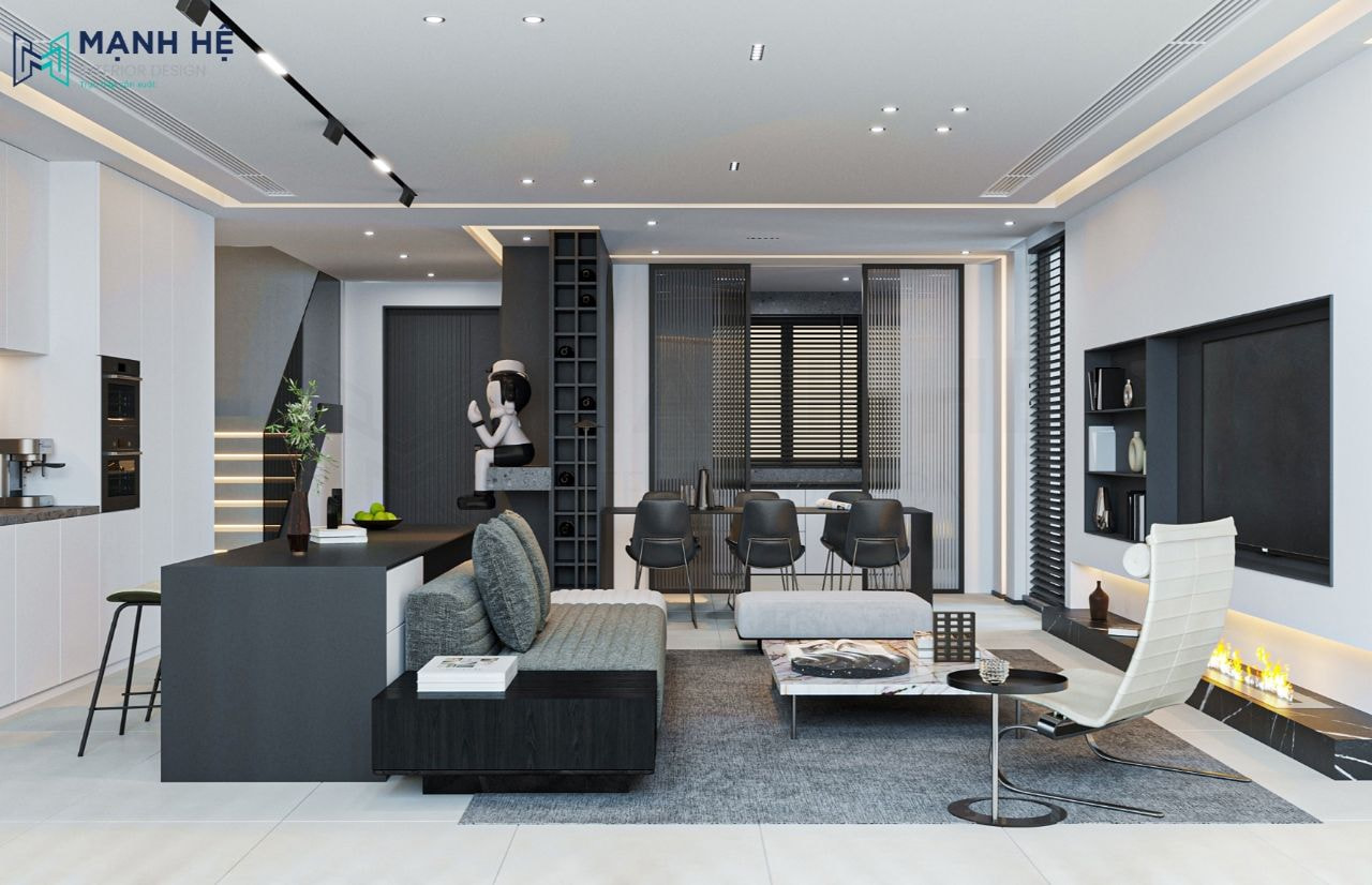 Không gian nhà màu trắng có thể phối thêm màu tối cho nội thất