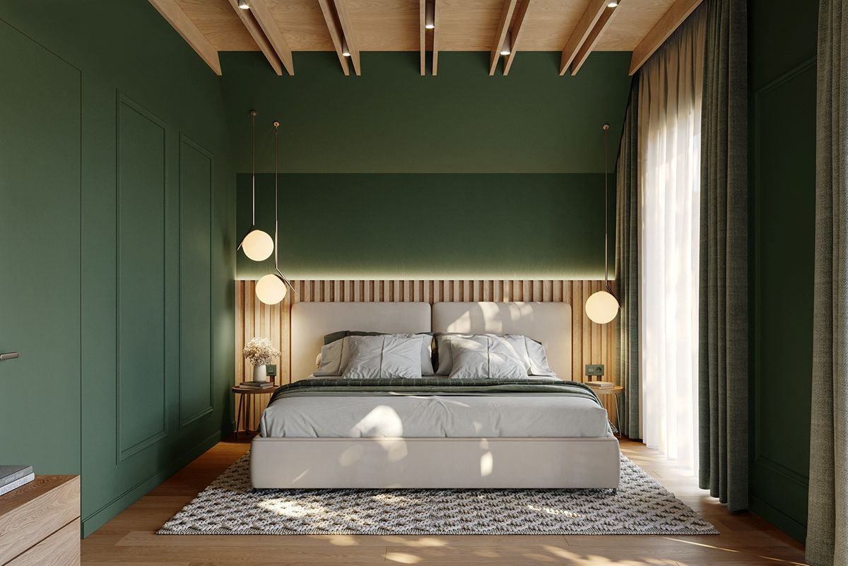 Mẫu phòng ngủ màu xanh rêu lạ mắt