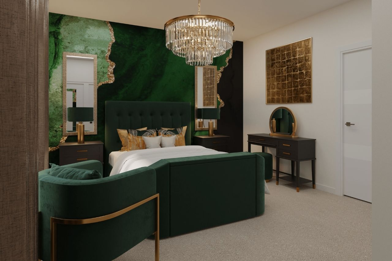 Phòng ngủ màu xanh lá cây đậm phong cách Luxury